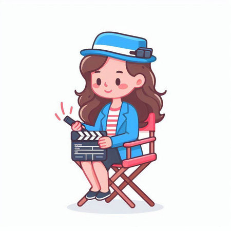 Cute girl sitting on a chair with a clapperboard. Vector illustration.のイラスト素材