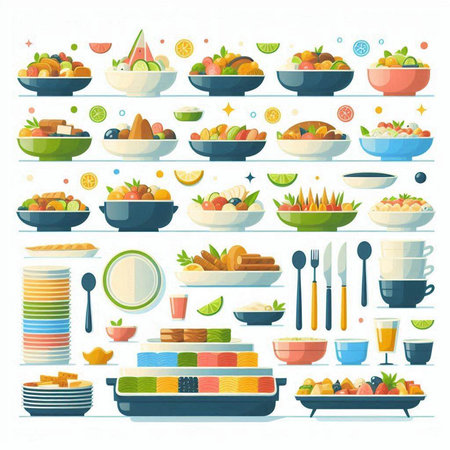 Fruit and Vegetables in Bowls. Vector Illustration.