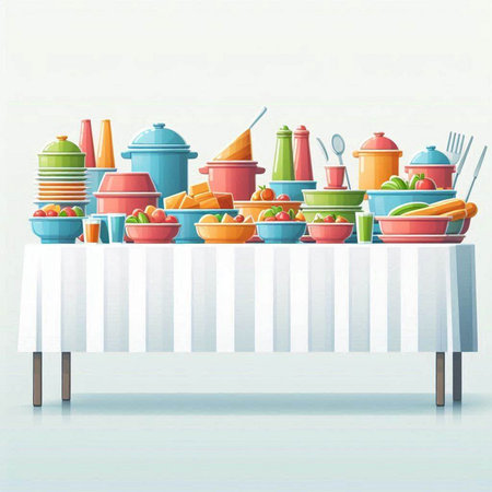 Illustration of a table full of kitchen utensils on it