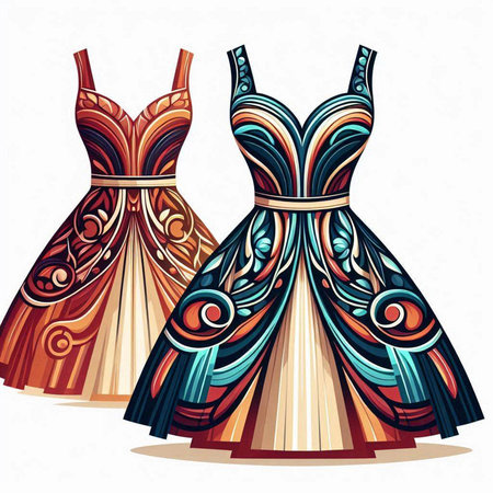 Fashion illustration of beautiful women's dresses with ornament. Vector illustration.のイラスト素材