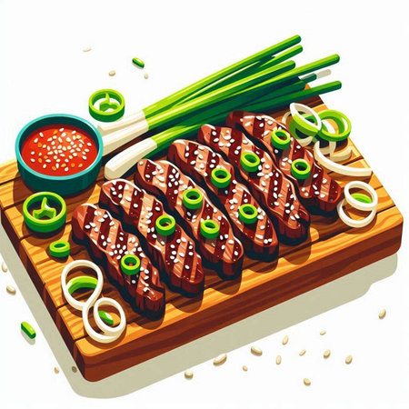 Sushi rolls on a wooden board with green onions and sauce.のイラスト素材
