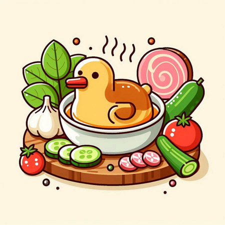 Illustration of chicken soup on wooden board with ingredients. Vector illustration.のイラスト素材
