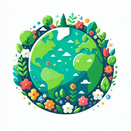 Ecology concept. Vector illustration of green planet with flowers and plants.のイラスト素材