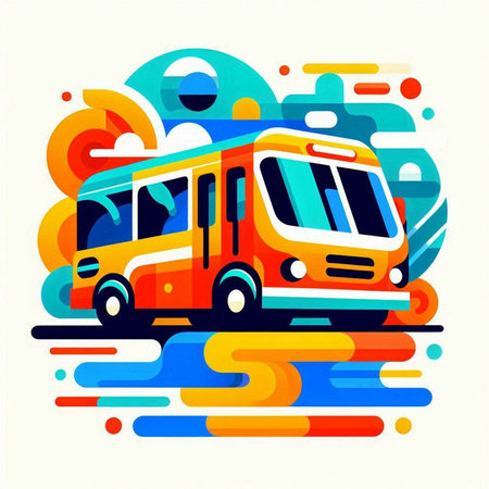 Vector illustration of a bus on a background of colorful abstract shapes.のイラスト素材