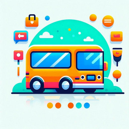 Colorful school bus on a background of colorful circles. Vector illustration