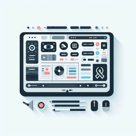 Tablet computer with web icons. Flat design. Vector illustration.のイラスト素材