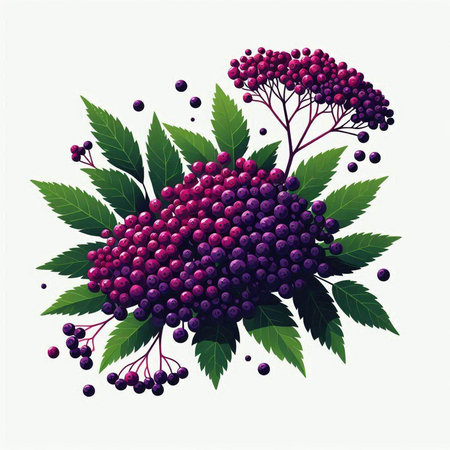 Bunch of rowan berries with green leaves. Vector illustration.のイラスト素材