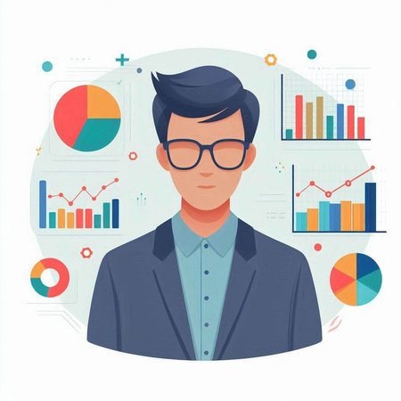 Businessman with charts and graphs. Vector illustration in flat style.のイラスト素材