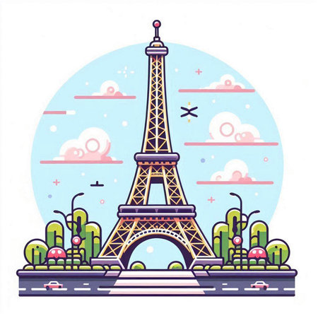Eiffel tower in Paris, France. Vector illustration in flat styleのイラスト素材