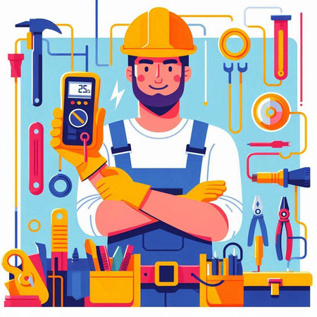 Vector illustration of electrician in helmet and overalls working with tools.のイラスト素材