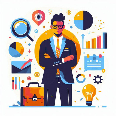 Businessman with a tablet in his hands. Flat vector illustration.のイラスト素材