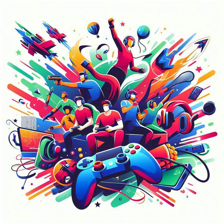 Vector illustration of people playing video games. Colorful design elements for banner, web, site,...