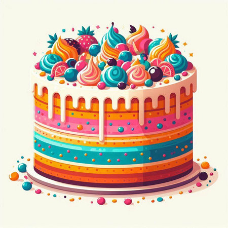 Birthday cake with cream and berries. Colorful vector illustration.