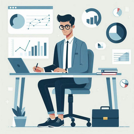 Businessman working at his desk. Vector illustration in flat style.のイラスト素材