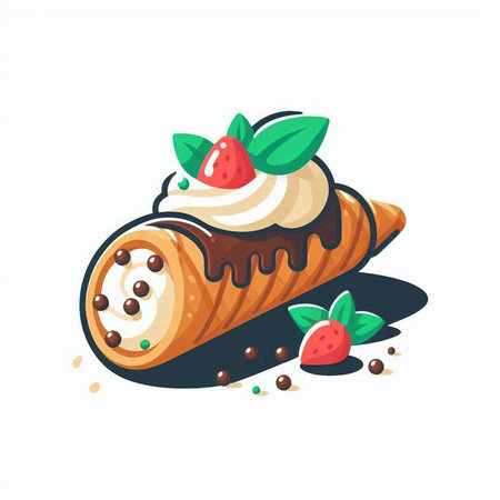 Sweet roll with cream and berries. Vector illustration isolated on white background.