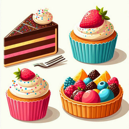 Set of different cakes with berries and fruits in cartoon style. Vector illustration.