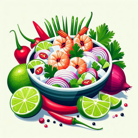 Vector illustration of shrimps salad in a bowl with ingredients.のイラスト素材