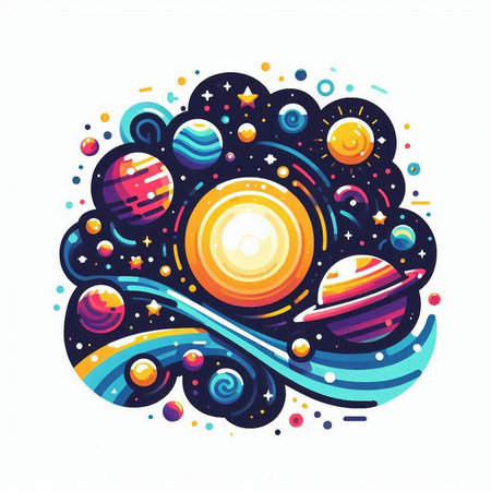 Hand drawn vector abstract space illustration with planets, stars and sun.のイラスト素材