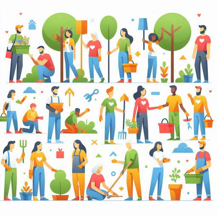 Gardening flat icons set with people working in garden vector illustrationのイラスト素材