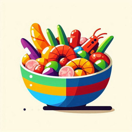 Colorful vector illustration of a bowl full of vegetables and fruits.のイラスト素材