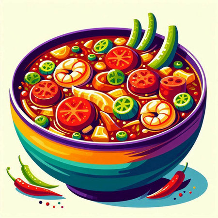 Illustration of a bowl of tomato soup with chili peppers and olives