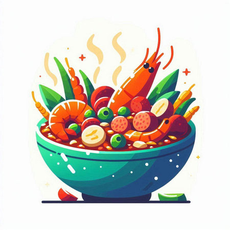 Vector illustration of a bowl of shrimps with vegetables and spices.のイラスト素材