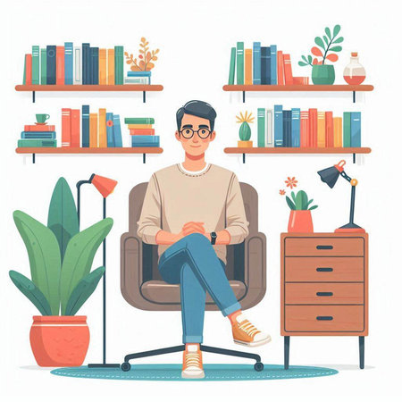 Man sitting in armchair and reading book. Flat vector illustration.のイラスト素材