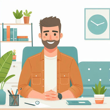 Young man sitting at the desk in the office, vector illustration.のイラスト素材