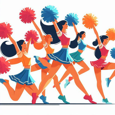 Cheerleaders. Group of cheerleaders. Cheerleaders. Cheerleaders with pompoms. Vector illustration