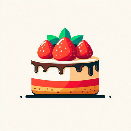 Cake with cream and strawberries. Vector illustration in flat style.