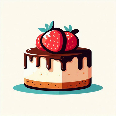Piece of cake with strawberries on top. Vector illustration in flat style