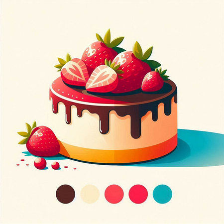 Chocolate cake with strawberries on the white background. Vector illustration.