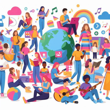 Vector illustration of a group of young people with musical instruments and gadgets