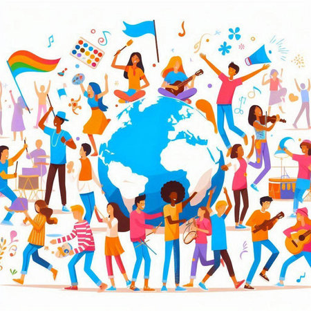 Group of young people dancing around the world. Flat vector illustration.のイラスト素材