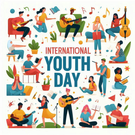 International Youth Day banner with people playing musical instruments. Flat vector illustration.のイラスト素材