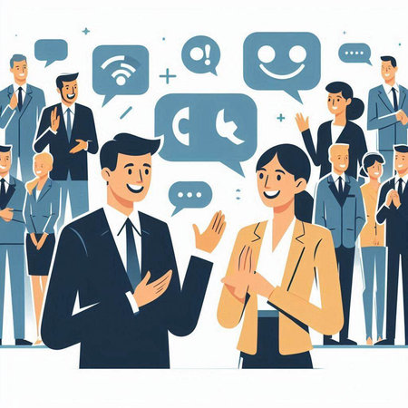 Group of business people with speech bubbles. Vector illustration in cartoon style