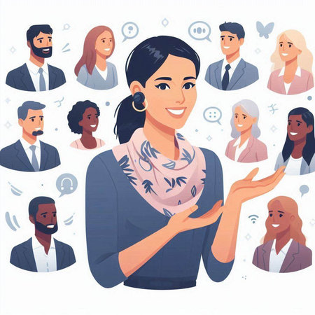 Vector illustration of business woman in front of a group of people.のイラスト素材