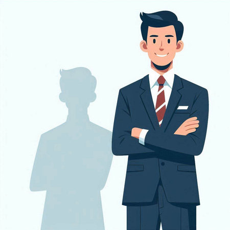 Businessman standing in front of his shadow. Vector illustration in cartoon style.のイラスト素材