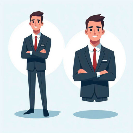Two business men standing with crossed arms. Vector illustration in cartoon style.