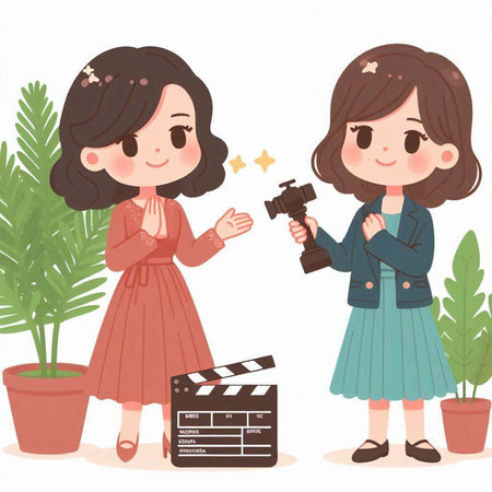 Cute little girl with a movie clapper. Vector illustration.のイラスト素材