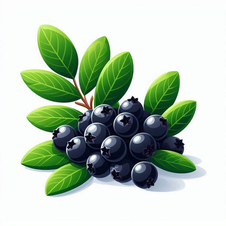 Blueberry berries with green leaves isolated on white background. Vector illustration.のイラスト素材