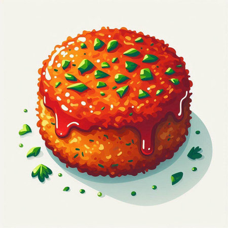 Illustration of a cutlet with tomato sauce and parsley.