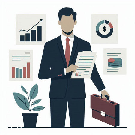 Businessman with a briefcase and a report. Vector illustration.のイラスト素材