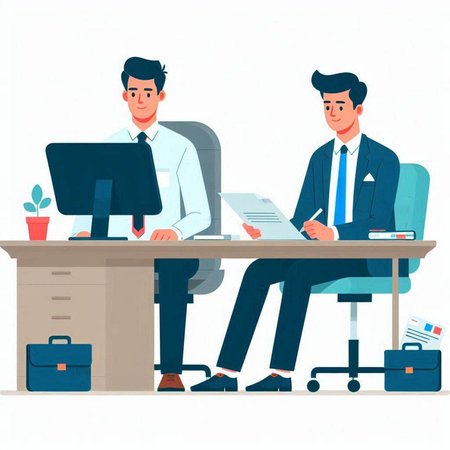 Businessman and businesswoman working together in office. Vector illustration.のイラスト素材