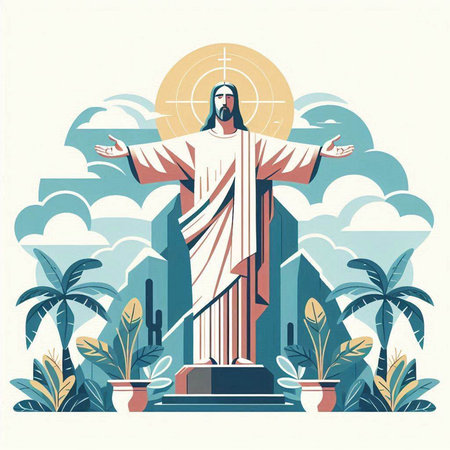 Jesus Christ on the cross in the sky. Vector illustration in flat style.のイラスト素材