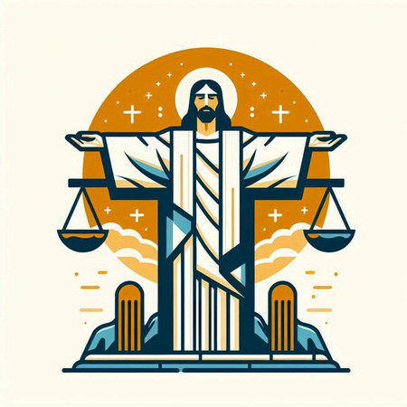 Jesus Christ with scales of justice in the background. Vector illustration.のイラスト素材