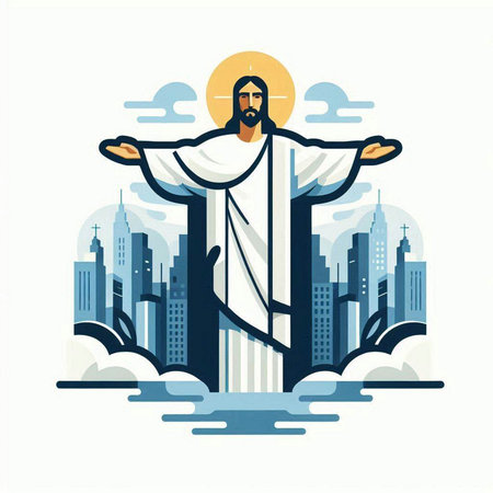 Jesus Christ on the background of the city. Vector illustration in flat styleのイラスト素材