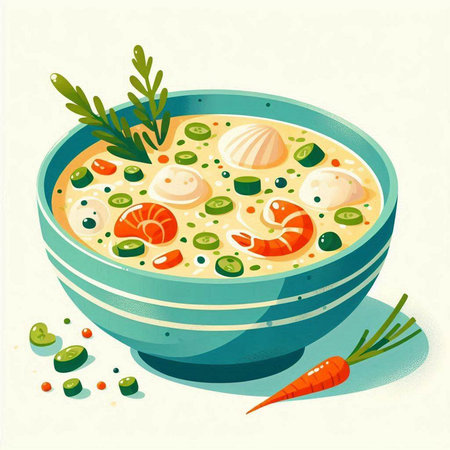 Vector illustration of a bowl of soup with shrimps and vegetablesのイラスト素材