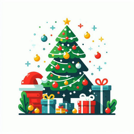 Christmas tree with gifts. Merry Christmas and Happy New Year. Vector illustrationのイラスト素材