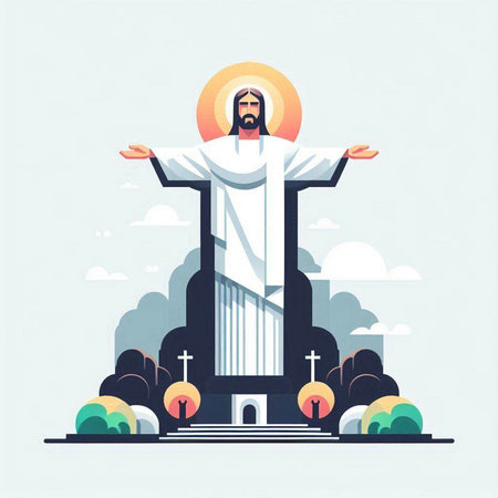 Jesus Christ on the cross in the city. Vector illustration in flat styleのイラスト素材